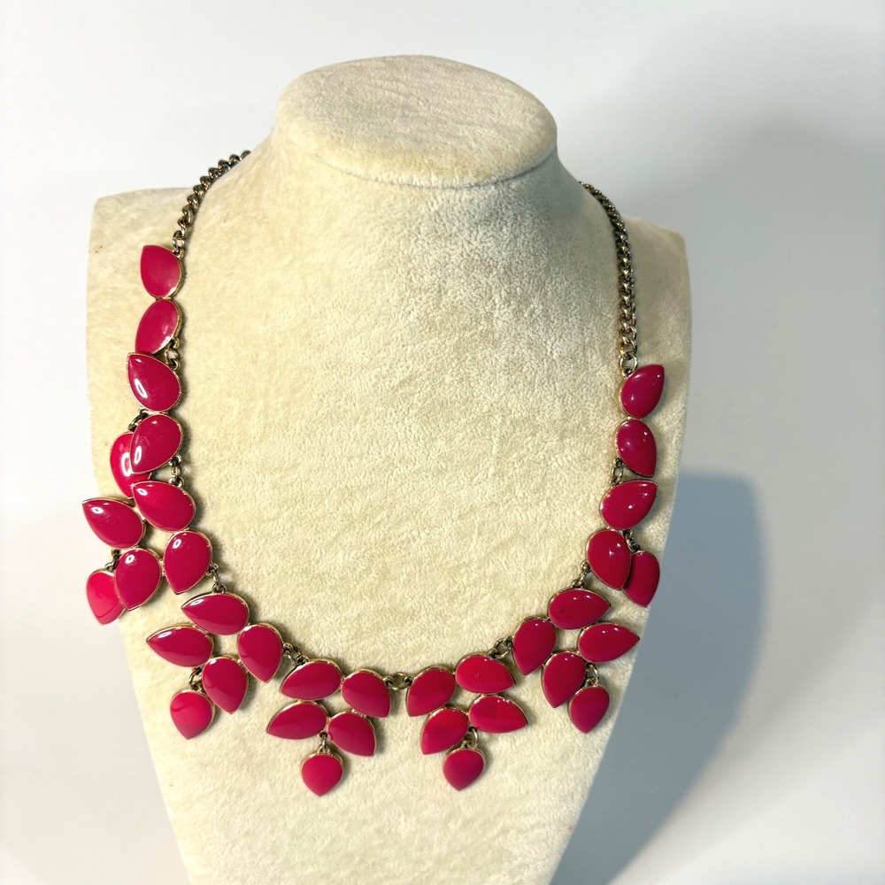 Gold Tone Pink Enamel Teardrop Bib Statement Necklace Adjustable Lobster Clasp
